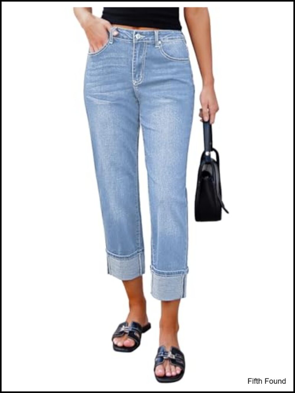 High Rise Straight Leg Cropped Cuffed Jeans with Pockets